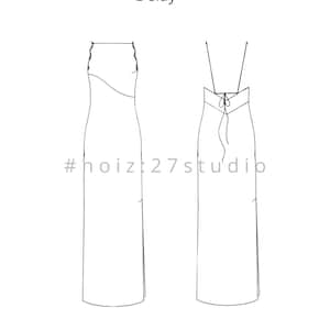 May include: Line drawing of two long dresses. The word "Delay" is above the dresses. The text "#hoiz27studio" is below the dresses. One dress has a halter top and the other has a straight neckline.