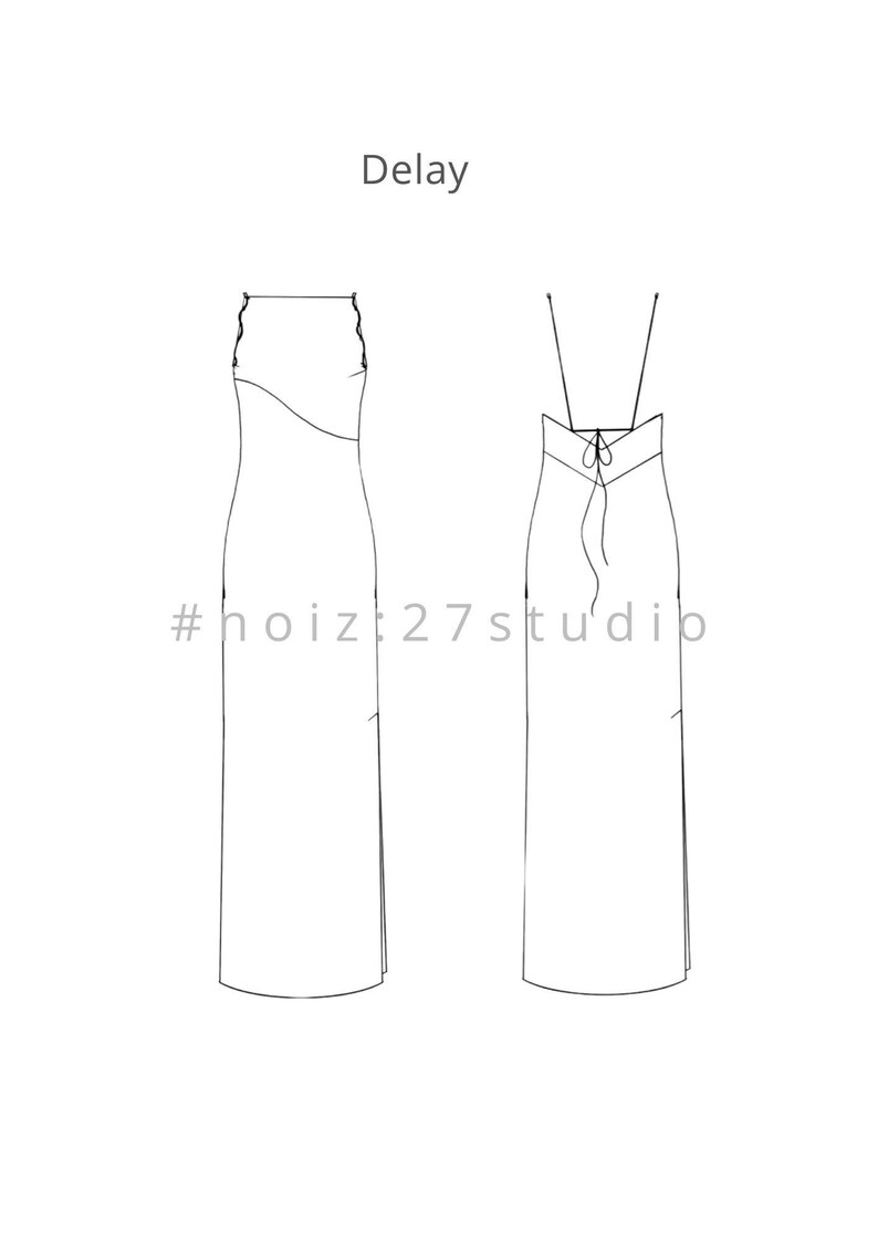 May include: Line drawing of two long dresses. The word "Delay" is above the dresses. The text "#hoiz27studio" is below the dresses. One dress has a halter top and the other has a straight neckline.