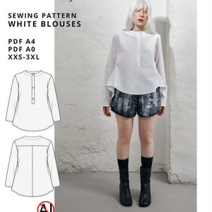 Peut inclure: Un patron de couture numérique pour chemisiers blancs intitulé NOIZ:27, disponible en formats PDF A4 et A0 pour les tailles XXS-3XL. L'image présente un dessin technique du devant et du dos du chemisier ainsi qu'une photo du vêtement fini.