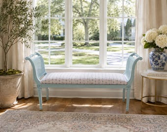 Vintage Cane Bench, Duck Egg Blue, Refinished Window Seat, French Country Accent
