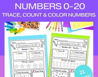 Number Worksheets 0–20 | Trace, Count & Color | Kindergarten Math Printable | Fine Motor Practice