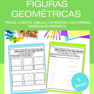 Może przedstawiać: Wydrukowany arkusz PDF w języku hiszpańskim do nauki kształtów geometrycznych. Zielone tło zawiera tekst "APRENDAMOS ESPAÑOL!!! FIGURAS GEOMÉTRICAS". Arkusz zawiera ćwiczenia śledzenia, liczenia i rysowania podstawowych kształtów.