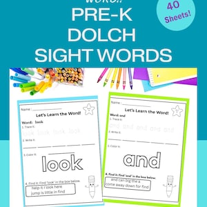 May include: Educational printable PDF for Pre-K Dolch sight words. The image shows worksheets with the words "look" and "and" for tracing, writing, and coloring. The image also includes colorful markers and crayons.