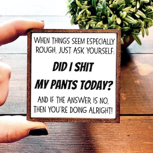 May include: A small, square wooden sign with the text "WHEN THINGS SEEM ESPECIALLY ROUGH, JUST ASK YOURSELF: DID I SHIT MY PANTS TODAY? AND IF THE ANSWER IS NO, THEN YOU'RE DOING ALRIGHT!" The sign is held by a person.