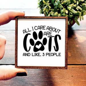 Mini Wood Sign | Framed Miniature Quote | Farmhouse Style | Magnet | Ornament | Tiered Tray | Shelf Decor | All I Care | Cat | Animal Lover
