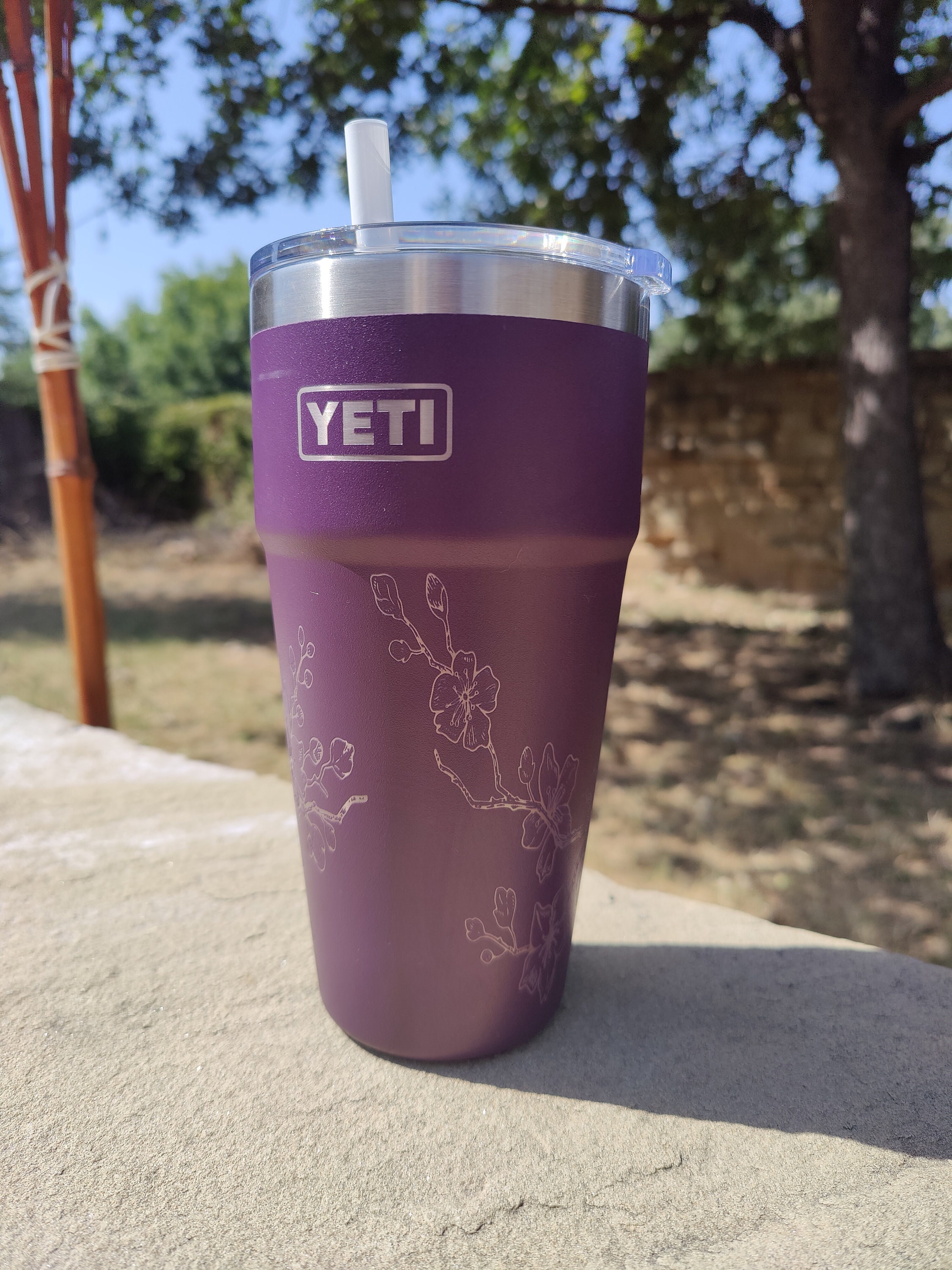 26oz Straw 360 Mayflowers Design Laser Engraved on a Yeti 