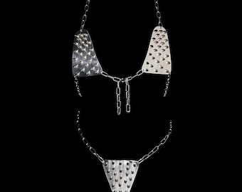 Micro Spiked Metal Bikini Set | Micro Chain Bikini Top and Bottom | Silver Metal Bra Outfit