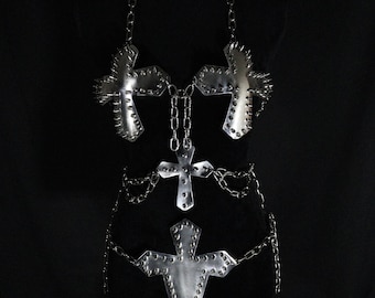 Cross Spiked Metal Armor Bra Set | Silver Chain Bikini | Statement Outfit
