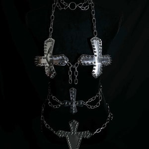 Crux Inverted Cross Spiked Metal Armor Chain Bikini