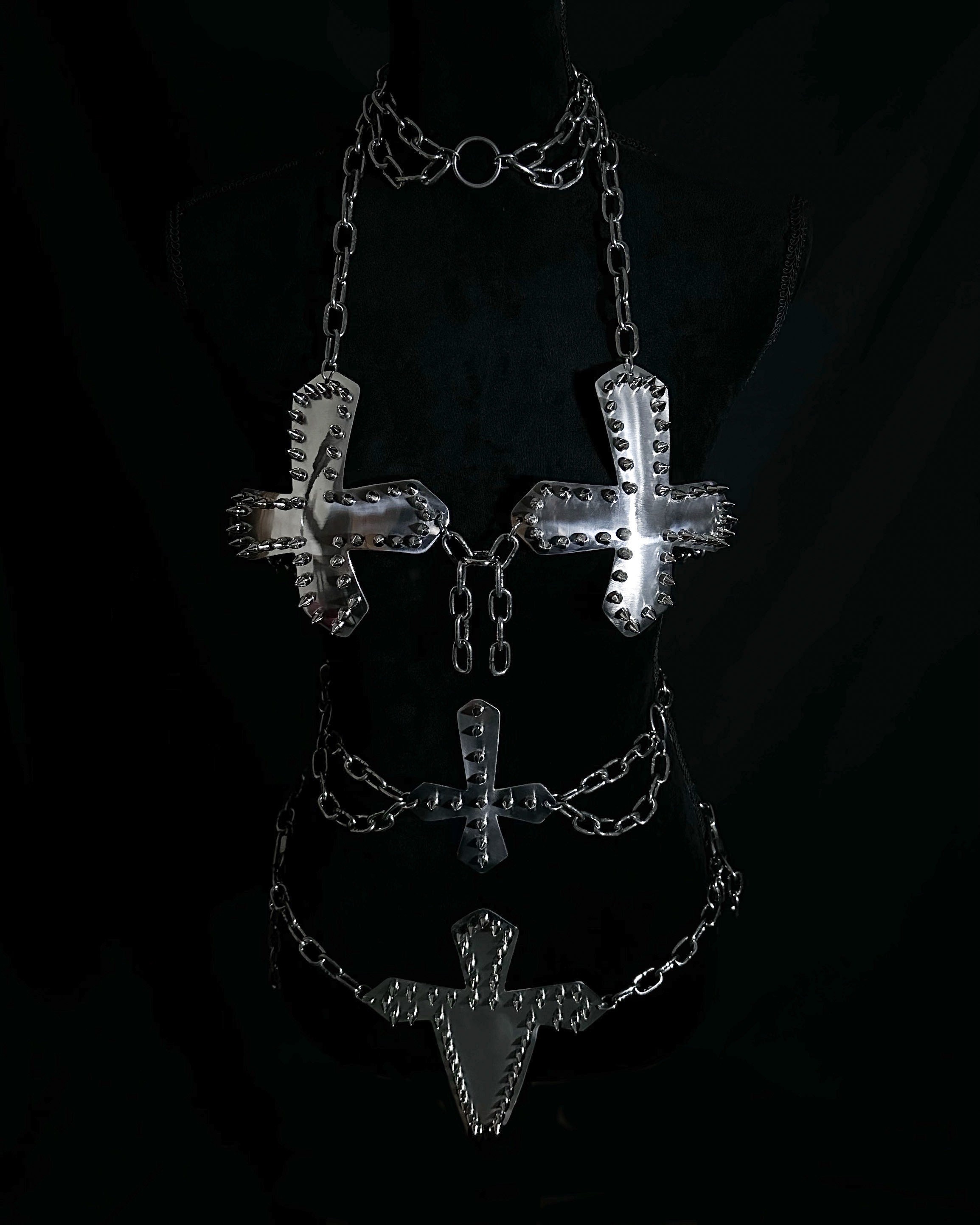 Crux Inverted Cross Spiked Metal Armor Chain Bikini
