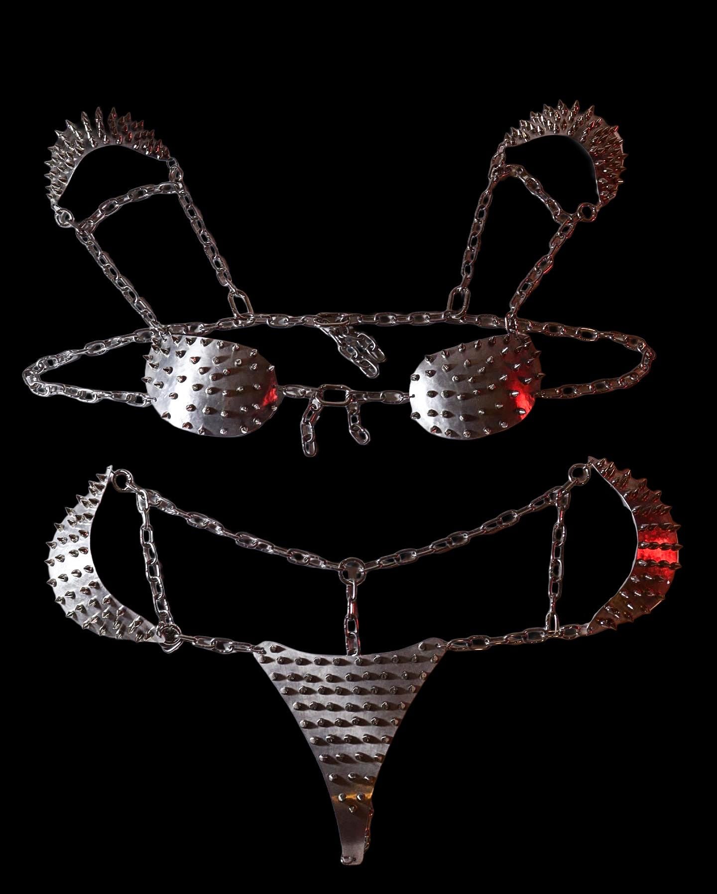 Spiked Metal Armor Bra and Bottom Set | Silver Chain Bikini | Handmade Statement Top| Shoulder and Hip Armor