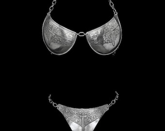 Relica Sword Etched Armor Set Medieval Metal Lingerie Handmade Wearable Armor Bra and Bottoms Fantasy Festival Outfit