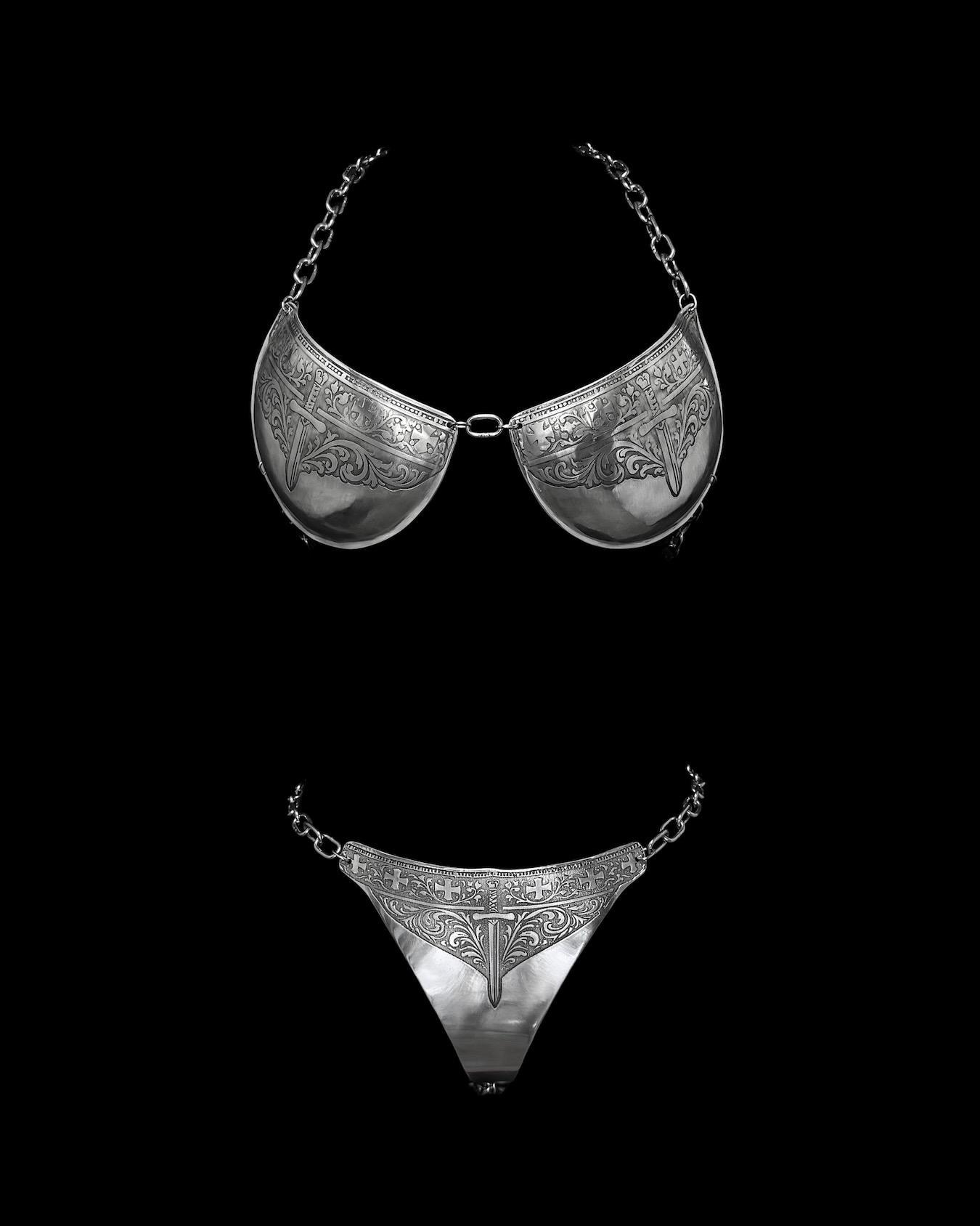 Relica Sword Etched Armor Set Medieval Metal Lingerie Handmade Wearable Armor Bra and Bottoms Fantasy Festival Outfit