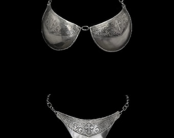 Velora Cross Etched Handmade Medieval Armor Bikini Set, Acid Etched Brass, Gothic Fantasy Festival Wear