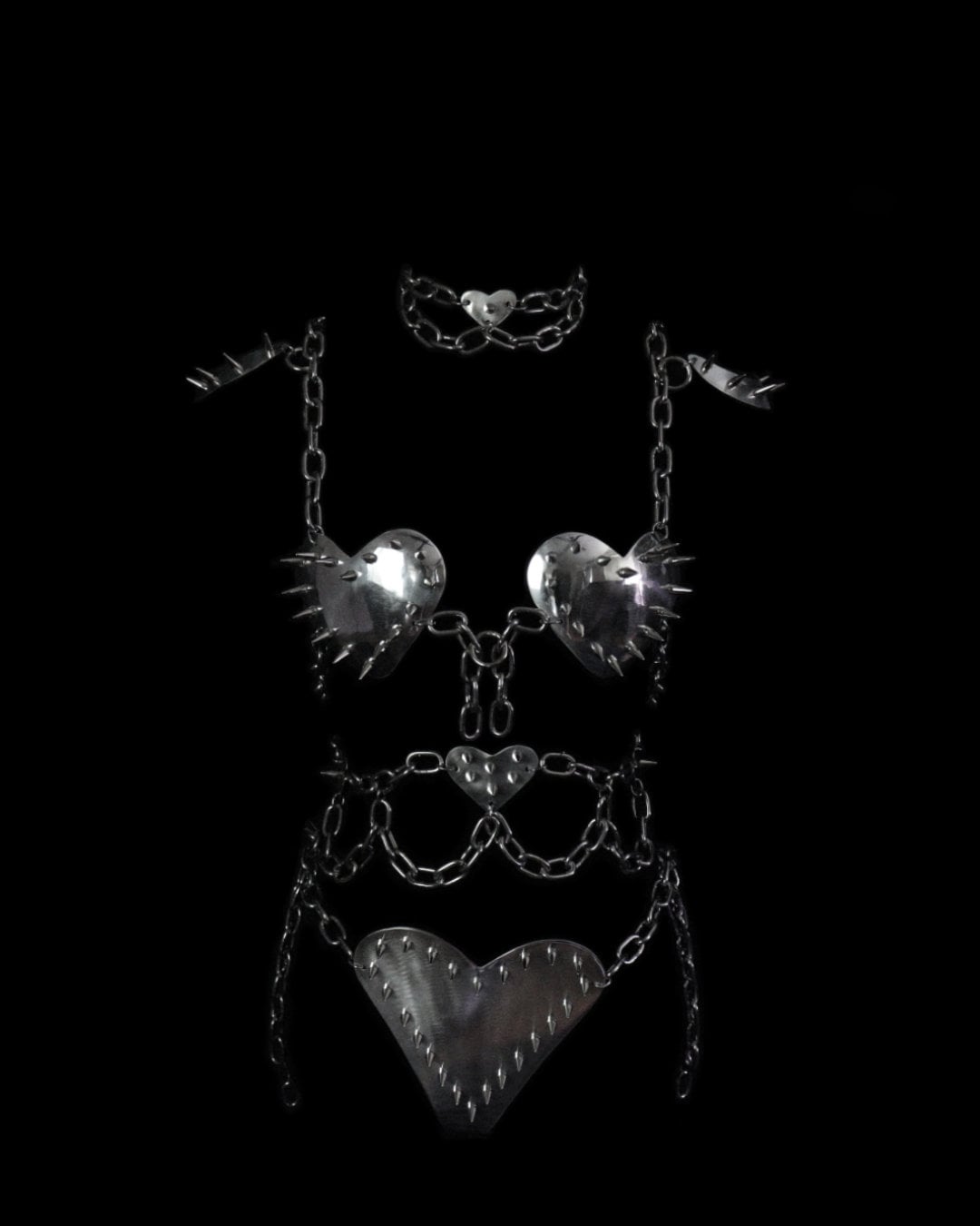 Heart Spiked Metal Armor Bra Set | Heart Shaped Silver Bikini | Statement Chain Outfit