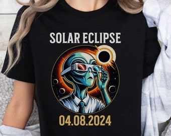 Total Solar Eclipse 2024 Alien Shirt, Astrology Eclipse Watching Party T-Shirt, Eclipse Viewing Tee Shirt, Cute Alien Celestial Tee Shirt