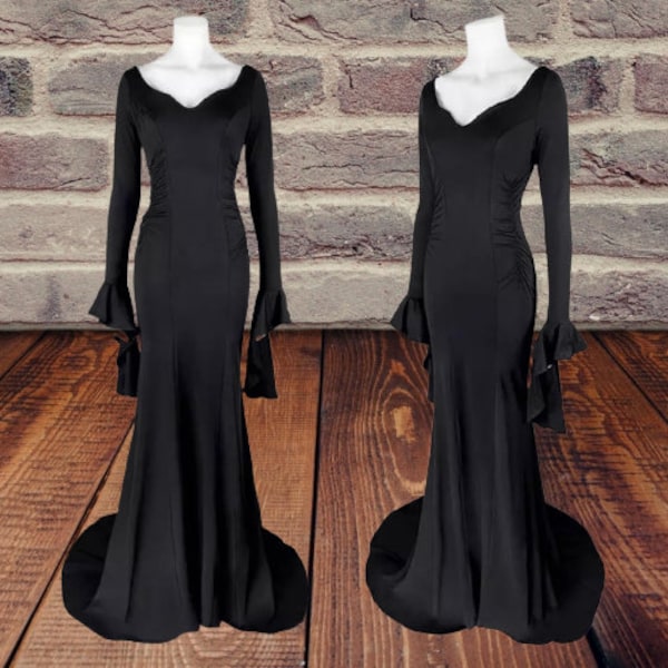 Morticia Addams Inspired Halloween Costume - Black Maxi Dress Cosplay - Adults Costume