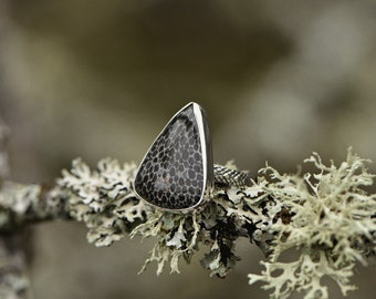 Triangular Fossil Coral and Snakeskin Statement Ring