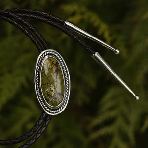 Oval Hubei Turquoise Bolo Tie With Twist Wire Border Sterling Silver