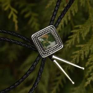Square Ajax Turquoise Bolo Tie With Curb Chain Border Sterling Silver