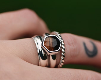 Montana Agate Hexagon Sterling Silver Ring Stacking Set