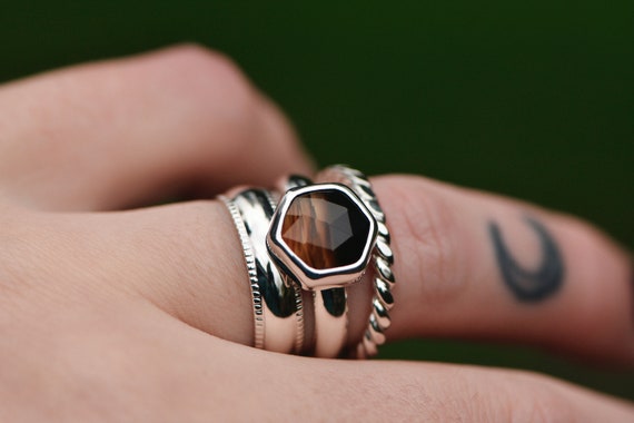 Montana Agate Hexagon Sterling Silver Ring Stacking Set