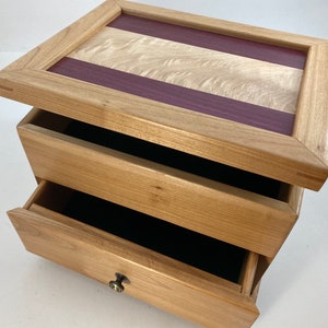 Chest with Drawer. Spalted maple panel.Purpleheart FiguredMaple inlay.NaturalCherryBox.Secret compartment.MensDresserValet.LadiesJewelryCase