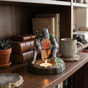Ruhender Sonnenritter Statue | Handbemalte Resin Figur | Teelichthalter | Dunkles Fantasy Dekor