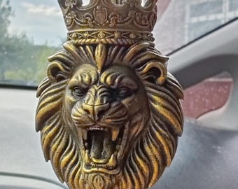 Hand-Painted Crowned Lion Rearview Mirror Charm • Gold or Silver Resin Keychain