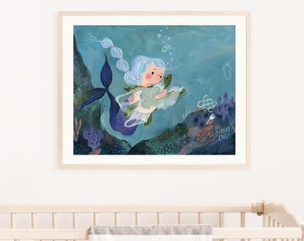 Mermaid Nursery Art Print: Ocean Pollution Awareness, Kids Room Decor