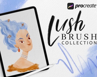 May include: A digital illustration of a woman with blue hair and a red and white necklace. The illustration is on a tablet screen with a stylus next to it. The text "lush brush collection" is written in black on a white background. The Procreate logo is in the top right corner.