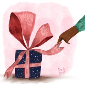 May include: A hand reaches out to a blue gift box with white polka dots and a pink ribbon. The ribbon is tied in a bow and the ends are curled. The background is a light pink watercolor wash.