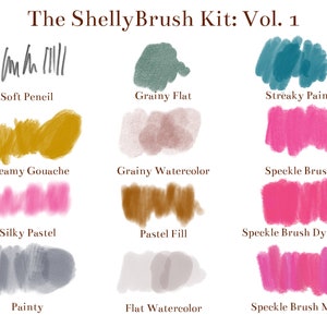 May include: A digital art brush kit with 12 different brush styles, including "Soft Pencil", "Grainy Flat", "Streaky Paint", "Creamy Gouache", "Grainy Watercolor", "Speckle Brush", "Silky Pastel", "Pastel Fill", "Speckle Brush Dynamic", "Painty", "Flat Watercolor", and "Speckle Brush Mixy".