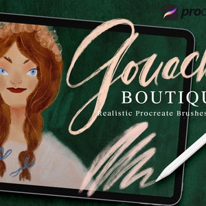 May include: A digital illustration of a woman with long brown hair wearing a flower crown. The image is displayed on a tablet with a stylus and the text "Gouache BOUTIQUE Realistic Procreate Brushes".