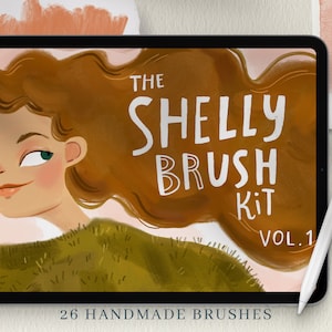 May include: A digital illustration of a woman with brown hair and a green sweater. The text "The Shelly Brush Kit Vol. 1" is displayed on a pink background. The text "26 Handmade Brushes" is displayed at the bottom of the image.