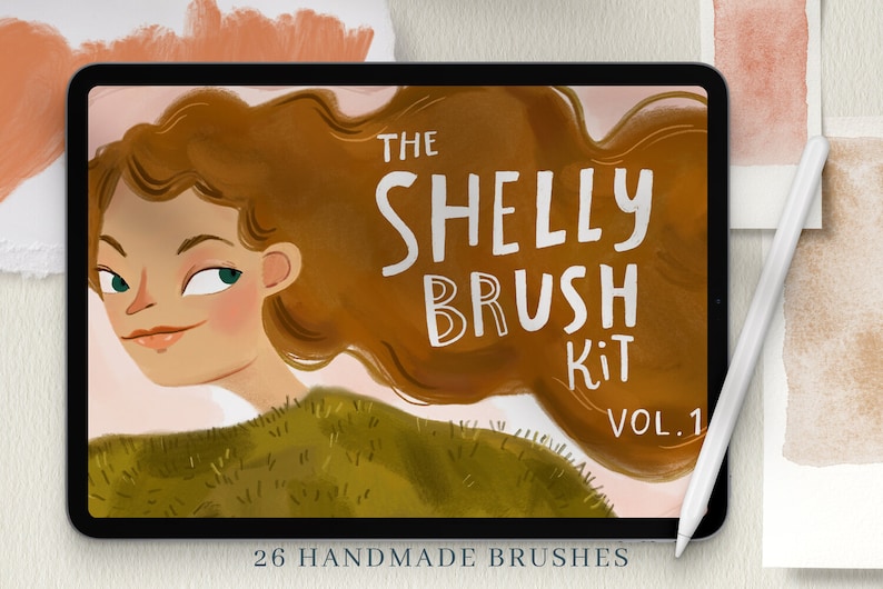 May include: A digital illustration of a woman with brown hair and a green sweater. The text "The Shelly Brush Kit Vol. 1" is displayed on a pink background. The text "26 Handmade Brushes" is displayed at the bottom of the image.