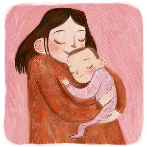 May include: A woman with long brown hair is holding a baby in her arms. The woman is wearing a brown sweater and the baby is wearing a pink onesie. The background is a light pink.