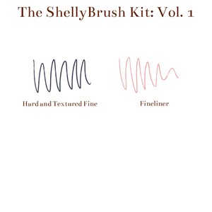 May include: Two brush stroke samples showing the difference between a hard and textured fine brush and a fineliner brush. The text "The Shelly Brush Kit: Vol. 1" is at the top of the image.