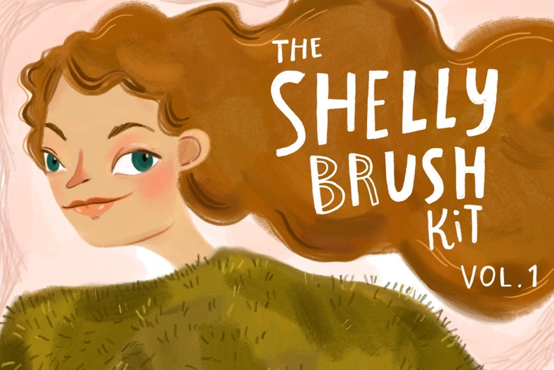 May include: A digital illustration of a woman with long brown hair wearing a green fuzzy sweater. The text "The Shelly Brush Kit Vol. 1" is written in white on a brown background.
