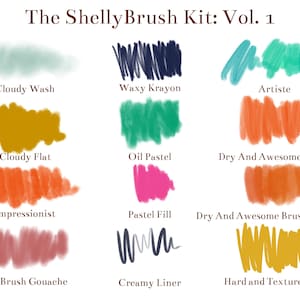 May include: A digital illustration of 12 different brush strokes, each with a unique name and style. The brush strokes are arranged in a grid pattern and are labeled with their names. The names of the brushes include "Cloudy Wash", "Waxy Krayon", "Artiste", "Cloudy Flat", "Oil Pastel", "Dry And Awesome Brush", "Impressionist", "Pastel Fill", "Dry And Awesome Brush-Dynamic", "DryBrush Gouache", "Creamy Liner", and "Hard and Textured Fat".