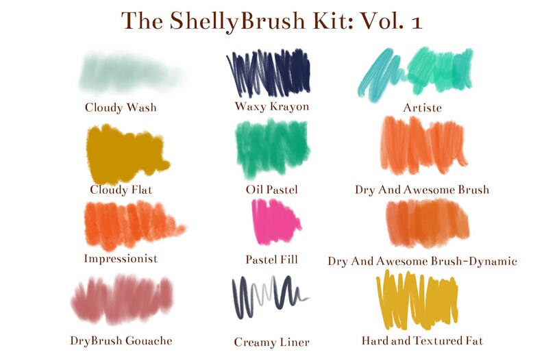 May include: A digital illustration of 12 different brush strokes, each with a unique name and style. The brush strokes are arranged in a grid pattern and are labeled with their names. The names of the brushes include "Cloudy Wash", "Waxy Krayon", "Artiste", "Cloudy Flat", "Oil Pastel", "Dry And Awesome Brush", "Impressionist", "Pastel Fill", "Dry And Awesome Brush-Dynamic", "DryBrush Gouache", "Creamy Liner", and "Hard and Textured Fat".