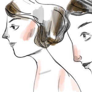 May include: A black and white line drawing of two women's faces. The woman on the left is looking to the side, while the woman on the right is looking at the woman on the left. Both women have long hair.