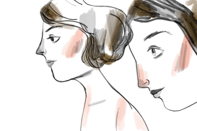 May include: A black and white line drawing of two women's faces. The woman on the left is looking to the side, while the woman on the right is looking at the woman on the left. Both women have long hair.