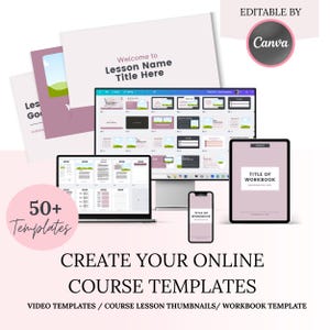 Könnte beinhalten: Eine digitale Marketinggrafik mit dem Text „Erstellen Sie Ihre Online-Kursvorlagen“. Das Bild zeigt einen Laptop, einen Desktop-Monitor, ein Tablet und ein Smartphone, die Kursvorlagen anzeigen. Das Bild enthält auch den Text „50+ Vorlagen“.