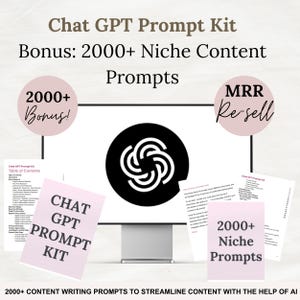 Puede incluir: Un producto digital titulado "Chat GPT Prompt Kit" con el texto "Bonus: 2000+ Niche Content Prompts". La imagen incluye una pantalla de ordenador con un logotipo en blanco y negro y tarjetas rosas con texto. El producto está diseñado para agilizar la creación de contenidos.