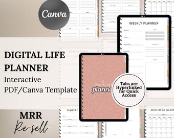 Może przedstawiać: Cyfrowy planer życia z interaktywnym szablonem PDF i Canva. Obraz przedstawia cyfrowy planer z widokami rocznymi, tygodniowymi i miesięcznymi. Planer zawiera planowanie celów i sekcję roczną. Widoczne jest logo Canva.