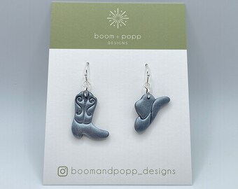 Boots + Hats in Chrome from Texas Hold 'Em Collection | polymer clay jewelry | lightweight earrings