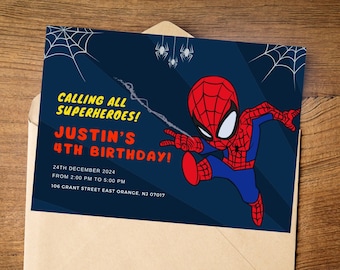 Spider Birthday Invitation Card, Digital Editable Birthday Card, Boys Superhero Birthday Invite, Super Hero Birthday Invite