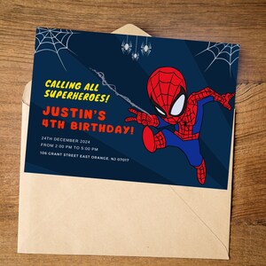 Cartão de convite de aniversário de aranha, cartão de aniversário digital editável, convite de aniversário de super-herói para meninos, convite de aniversário de super-herói