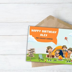 Carte d'anniversaire de camping modifiable pour enfants, invitation d'anniversaire numérique, anniversaire de camping, téléchargement immédiat, invitation d'anniversaire pour enfants, enfants campeurs